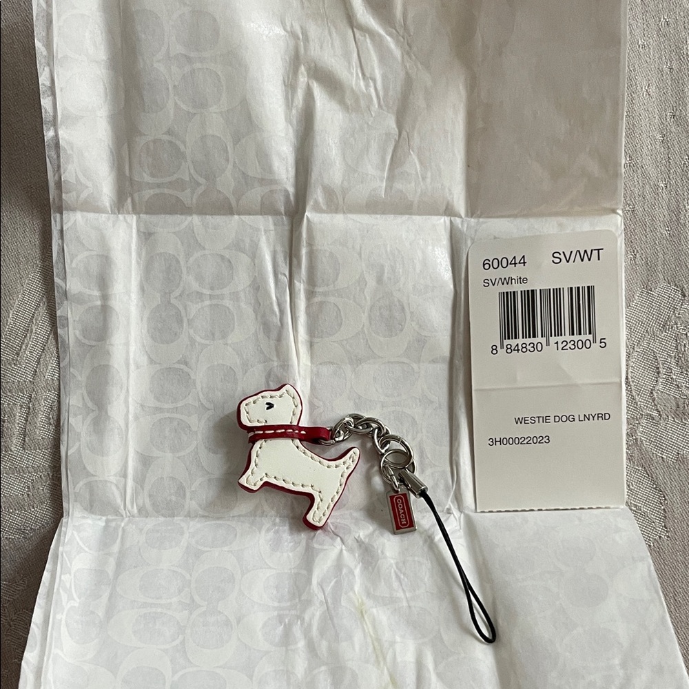 White Dog Keychain with Red Accents
